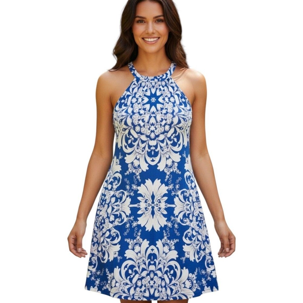 Lily By Firmiana Womens M Blue Floral Halter A-Line Stretch Sundress Vacation